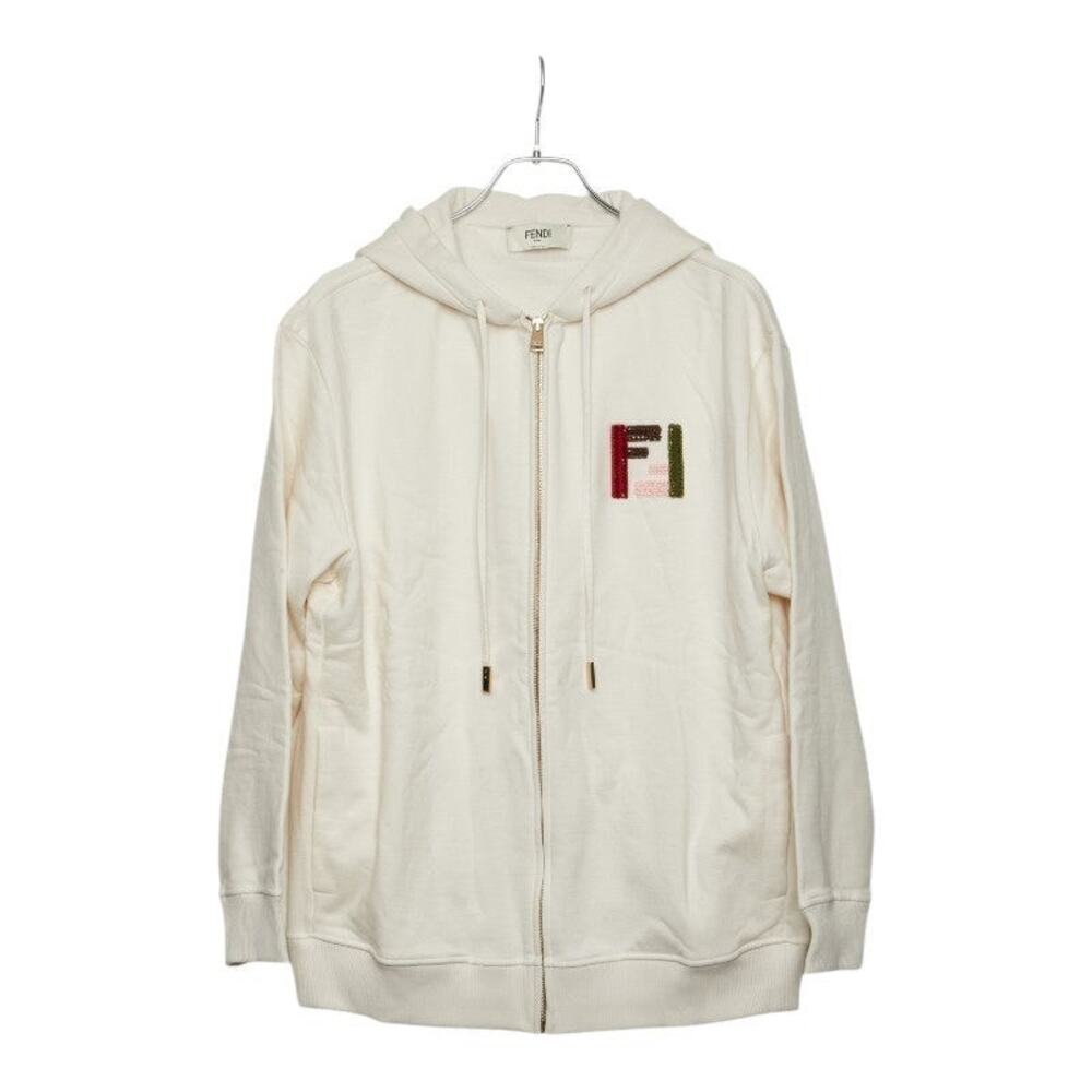 Fendi Cotton Polyurethane Sequins Brushed Oversized Zip Hoodie Off-White